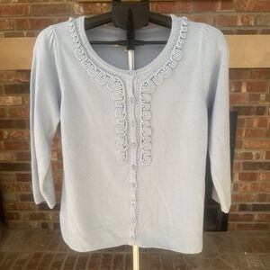 Light Blue Beaded Cardigan Sweater Pearl Detail Cottagecore Feminine Medium